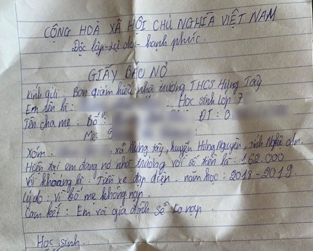 Học sinh lớp 7 viết “giấy báo nợ” vì gia đình chưa đóng 162.000 đồng tiền gửi xe