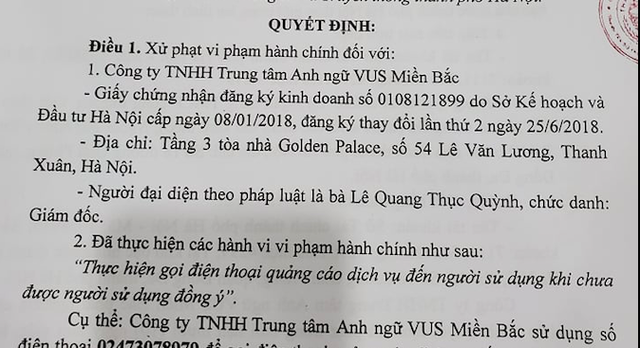Hà Nội: Trung tâm anh ngữ bị phạt nặng vì gọi điện quảng cáo