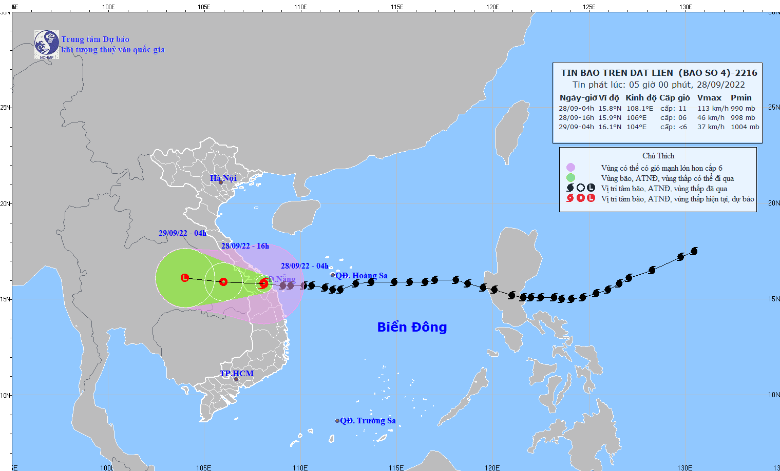Tâm bão Noru trên đất liền khu vực Thừa Thiên-Huế đến Quảng Ngãi